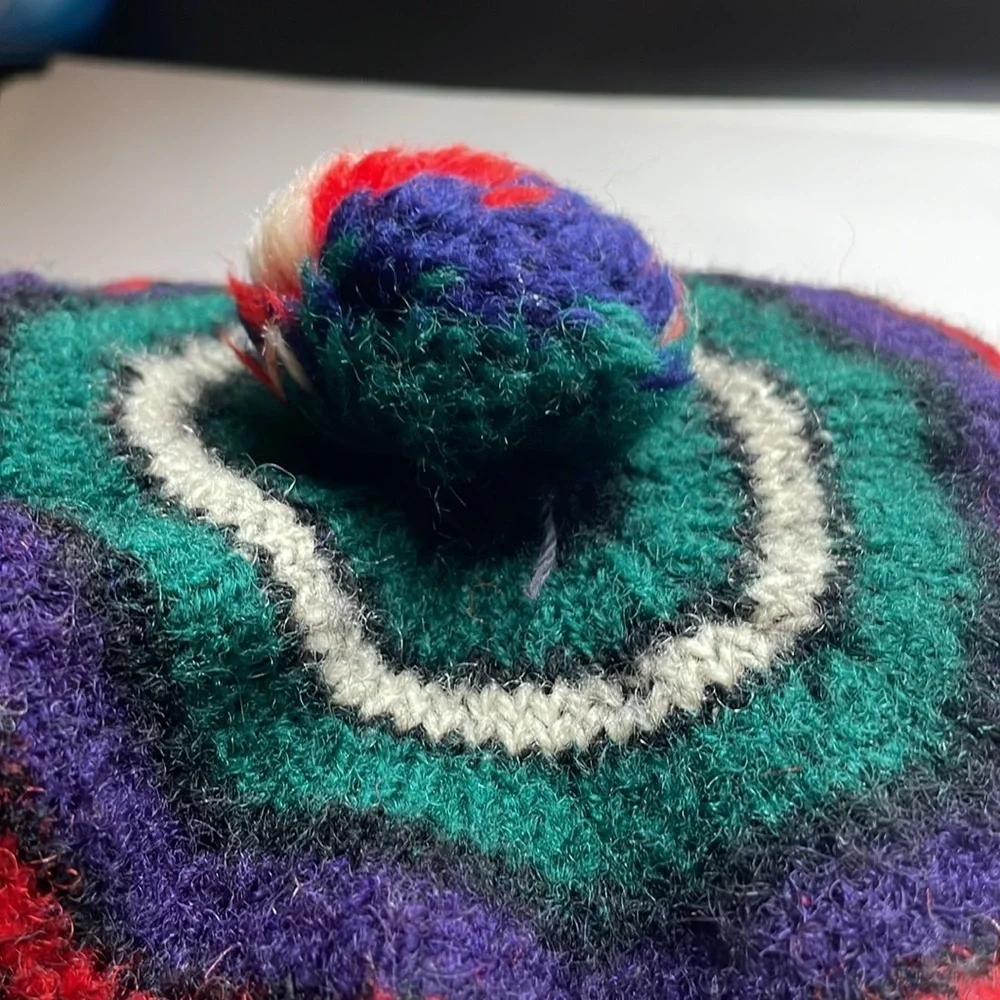 VTG Striped Knit Tam Beret Green Wool Pom Scotland MacKenzie Hat Cap Stripe Navy